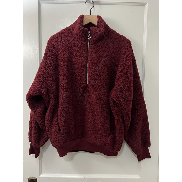 Express Burgundy Red Maroon Fuzzy Sherpa Fleece 1/4 Zip Pullover Women's XS - Picture 1 of 7